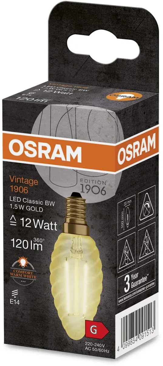 Osram Ledvance Vintage 1906 LED E14 Kaars Goud 1.5W - afbeelding 6 van 6