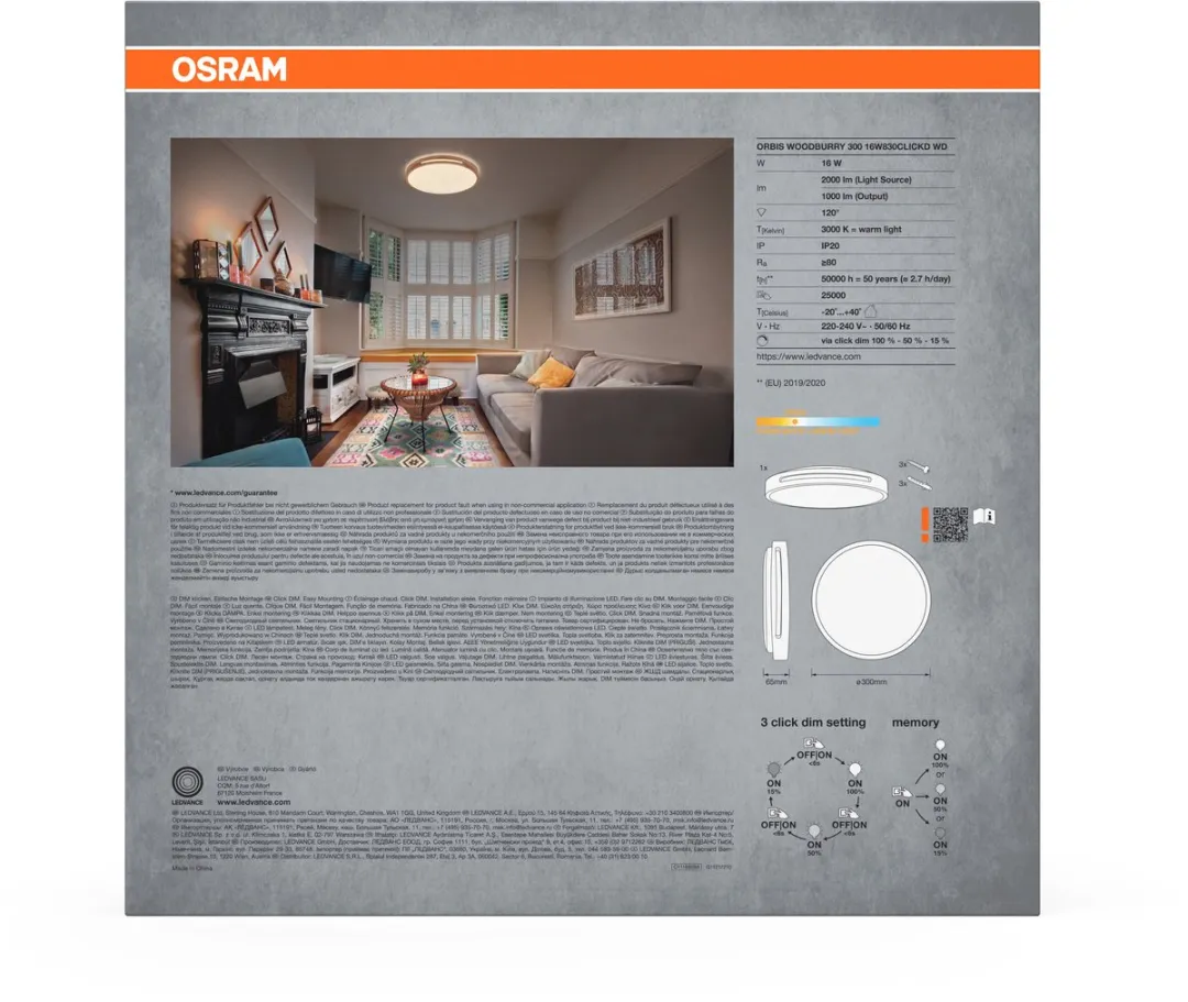 Osram Orbis Woodburry LED Wand-/Plafondlamp 16W 1000lm - Houtdecor