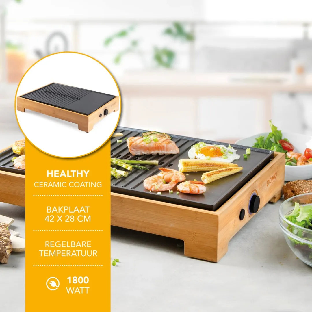 Domo DO9271G Plancha Grill 1800W - 8 Personen - Bamboe