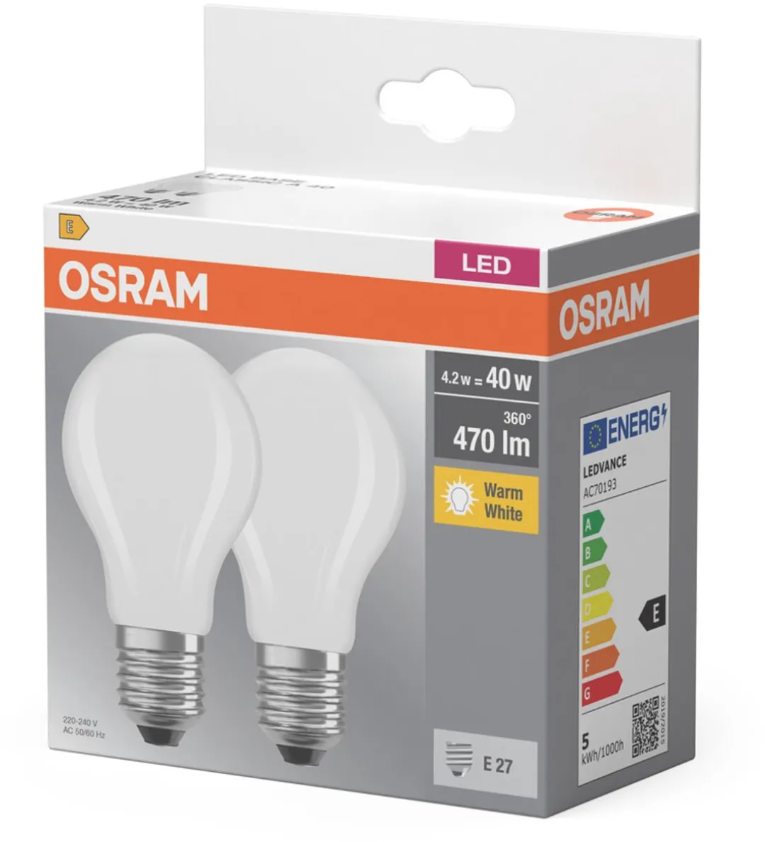 Osram AC32355 LED-lamp Warm wit 4W E27 - 2 Stuks