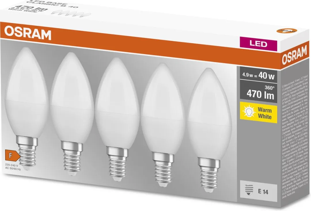 Osram LED Kaarslamp E14 4,9W 470lm Warm Wit - 5 Stuks - afbeelding 6 van 6