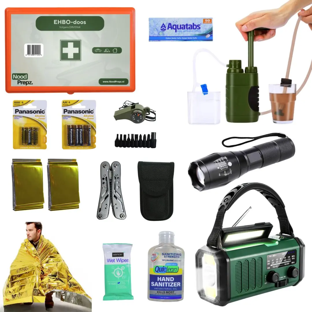 NoodPrepz - Premium Noodpakket voor Thuis - Overlevingspakket volgens Overheid - Compleet Survivalpakket - 10.000 mAh Noodradio - 48-delig EHBO kit - Handpomp waterfilter en nog veel meer
