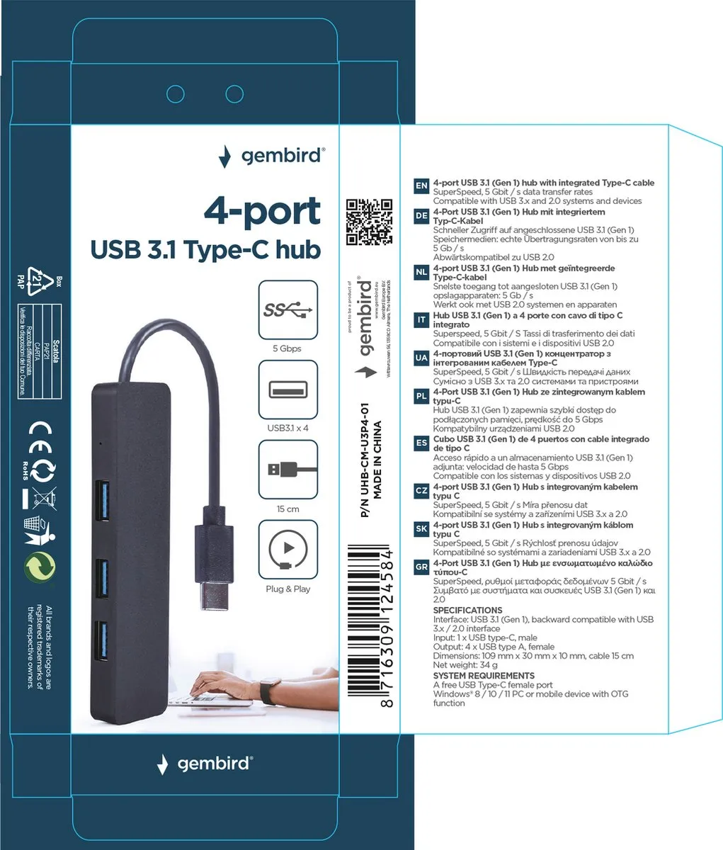 Gembird UHB-CM-U3P4-01 USB 3.1 Hub 5 Poorten - Blauw - afbeelding 4 van 4