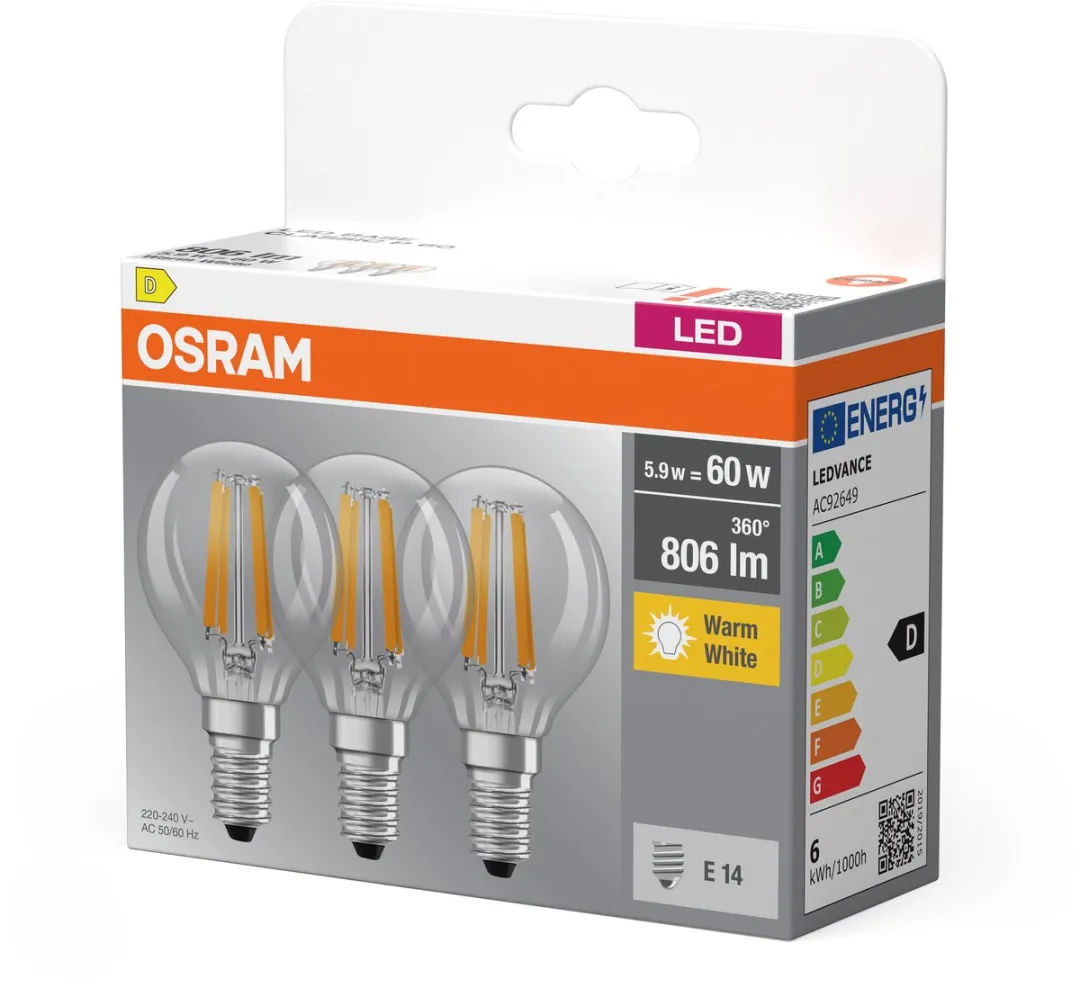 Osram LED Lampvoet Mini Bol E14 5.9W Warm Wit - 3 Stuks