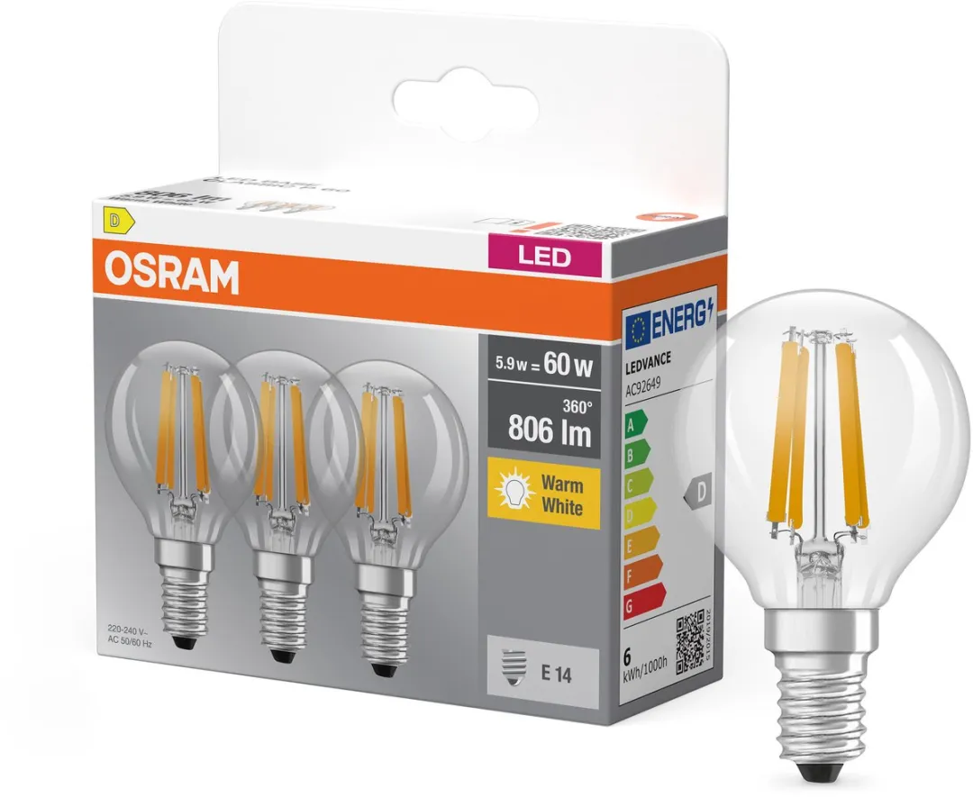 Osram LED Lampvoet Mini Bol E14 5.9W Warm Wit - 3 Stuks