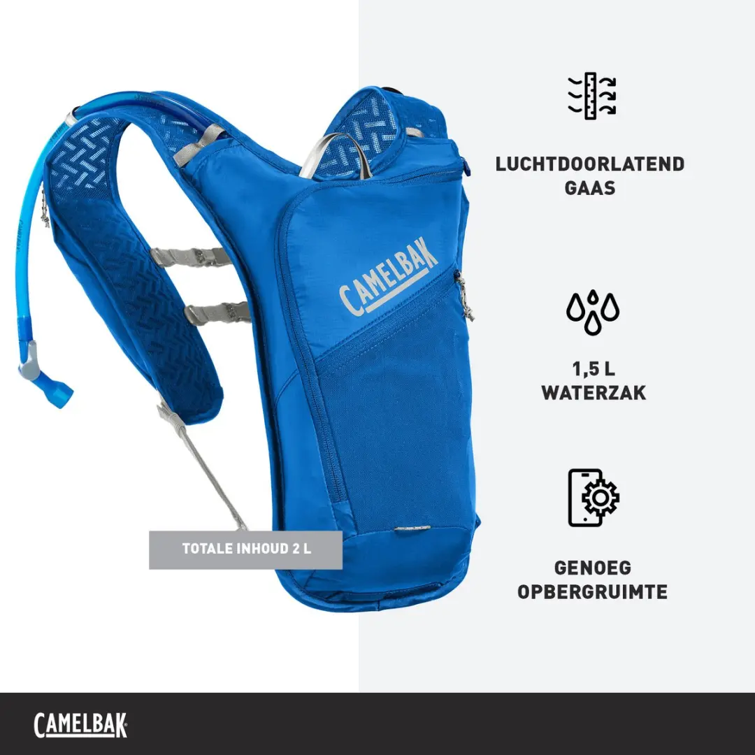 CamelBak Dart Drinkzak - 2 L - Ultralicht Materiaal - Ademend Mesh - Reflecterend - Hardloopvest - Drinkhouder - Lichtgewicht - Inclusief Crux 1,5 L reservoir - Verstelbare Schouderbanden en Borstriem - Blauw - afbeelding 2 van 6