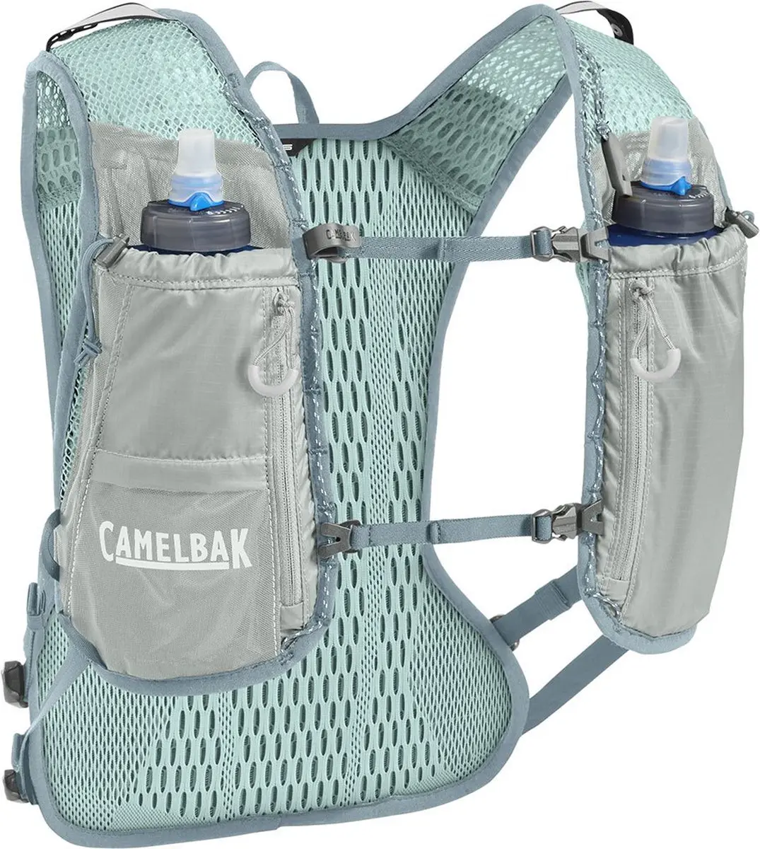 CamelBak Zephyr Vest voor Heren - One Size - Ultralicht Materiaal - Ruimte voor 2 Flexibele 500 ml flessen - Reflecterend - 8 vakken - Hardloopvest - Drinkhouder - Drinkzak - Grijs met Turquoise - afbeelding 2 van 4