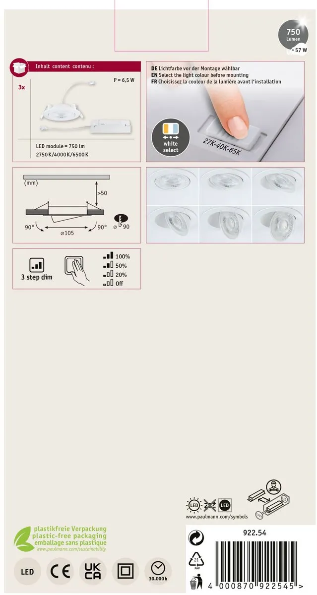 Paulmann White Select Aumus LED-inbouwlamp Set 3x - 105mm - 3x5W 700lm
