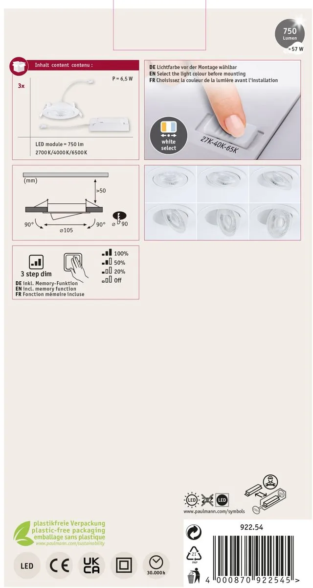 Paulmann White Select Aumus LED-inbouwlamp Set 3x - 105mm - 3x5W 700lm