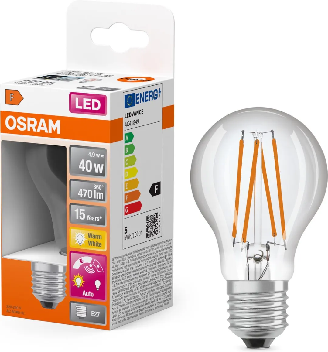 Osram LED-lamp E27 4.9W Warmwit 3000K - Helder