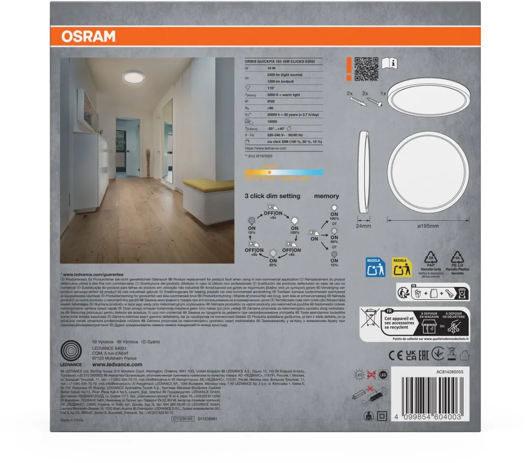 Osram Orbis Quickfix LED Plafondlamp 16W 1200lm 3000K - Zilver