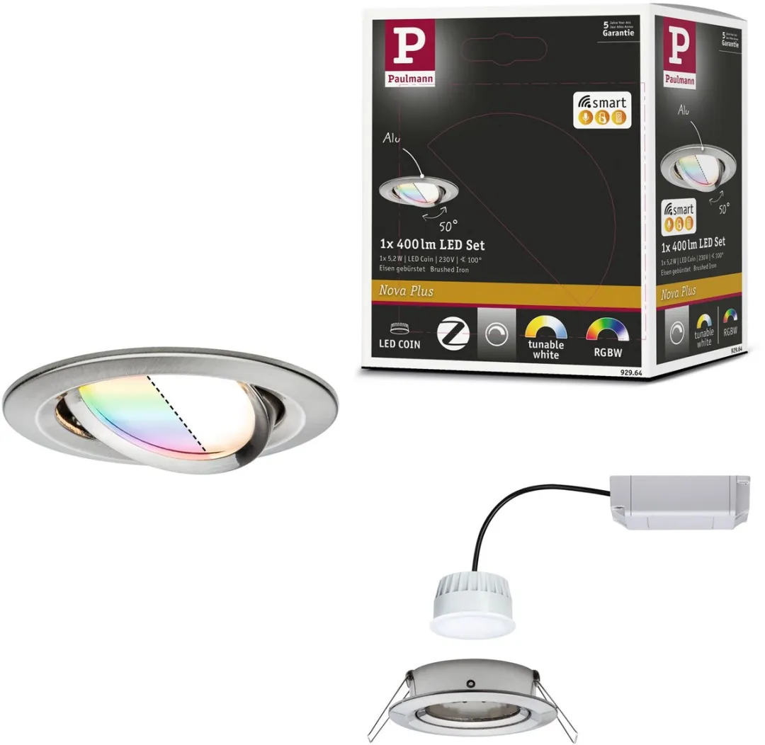 Paulmann Nova Plus Zigbee LED-inbouwlamp 6W 470lm 230V - 84mm - Tunable White - Staal geborsteld