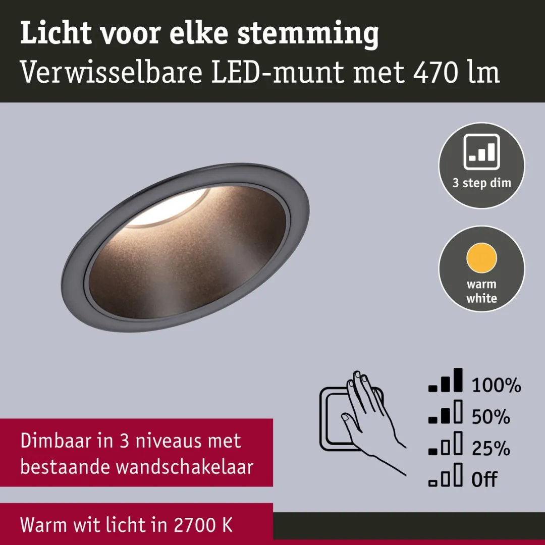 Paulmann LED-inbouwlamp 3-Step-Dim Coin Set 3x6W 2700K - Zwart