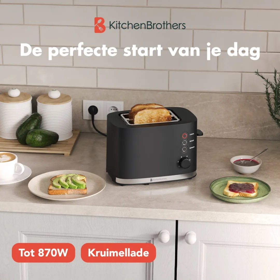 KitchenBrothers KB784 Broodrooster 870W - 2 Extra Brede Sleuven - Zwart