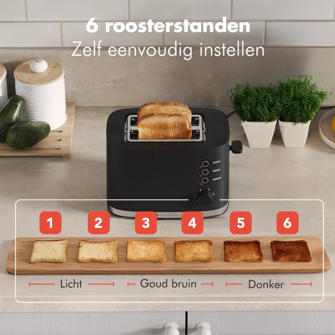 KitchenBrothers KB784 Broodrooster 870W - 2 Extra Brede Sleuven - Zwart