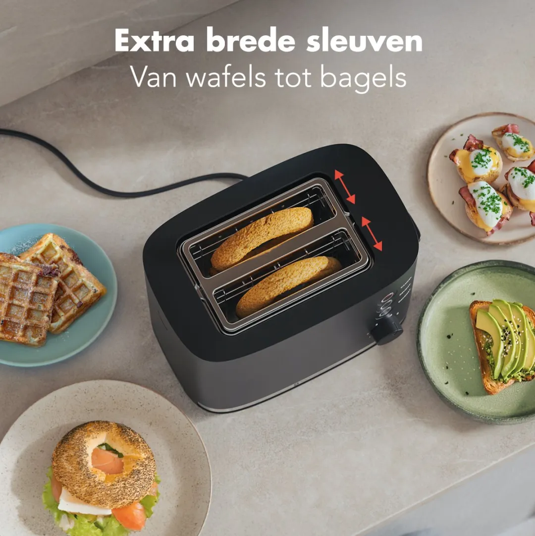 KitchenBrothers KB784 Broodrooster 870W - 2 Extra Brede Sleuven - Zwart