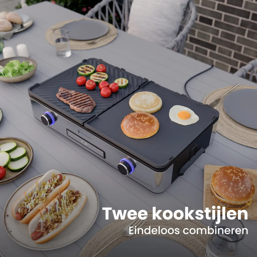 KitchenBrothers KB1004203 Elektrische Grillplaat 2400W - 30,5x52cm - RVS/Zwart