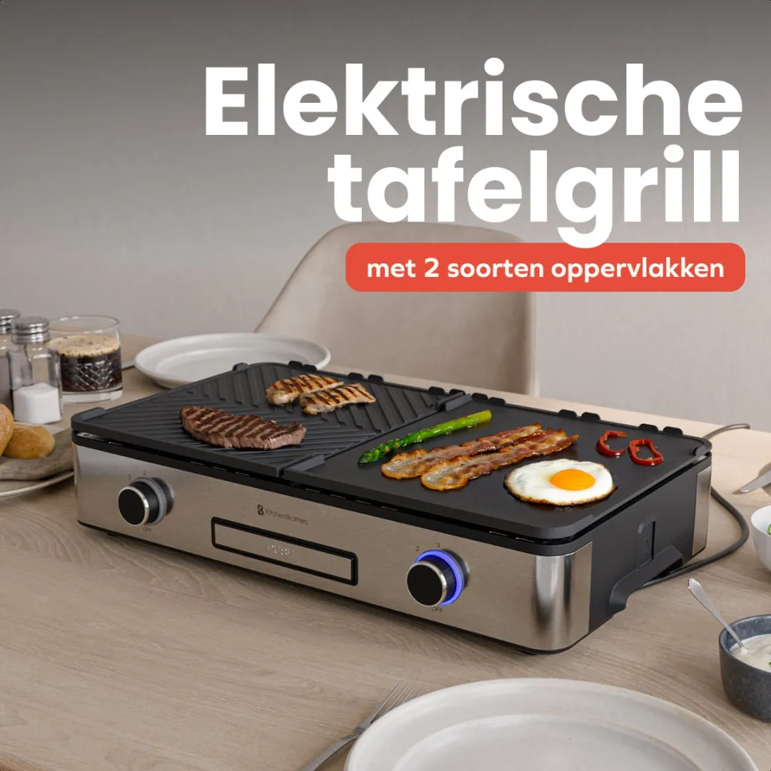 KitchenBrothers KB1004203 Elektrische Grillplaat 2400W - 30,5x52cm - RVS/Zwart