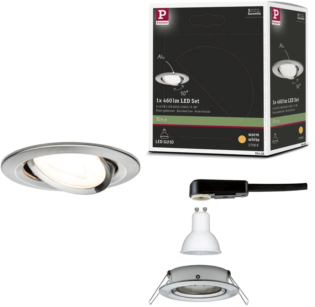 Paulmann Nova LED Inbouwlamp 6,5W 460lm GU10 - 2700K - Staal geborsteld