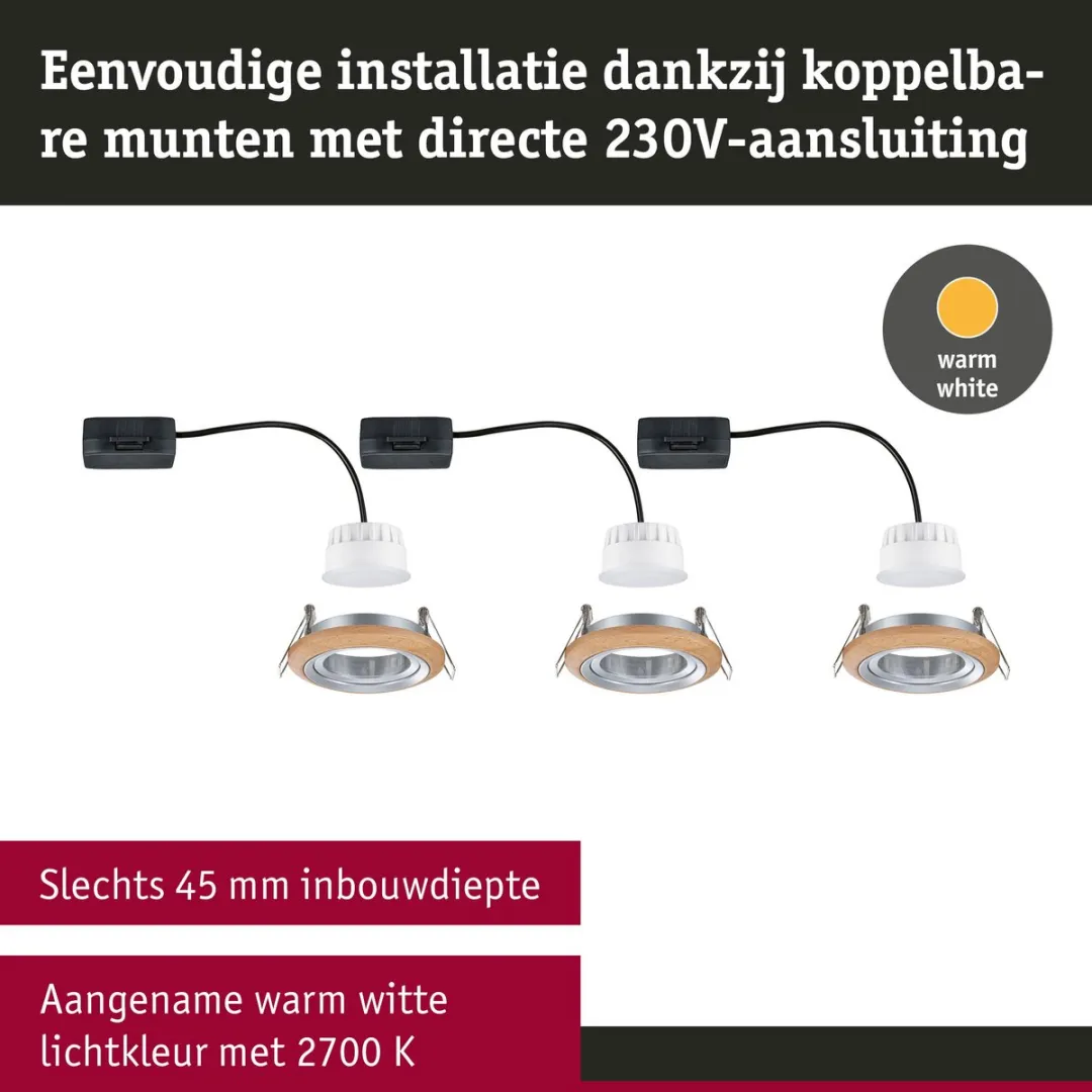 Paulmann Lanati LED-inbouwlamp Set 3x6W 470lm 2700K - 84mm - Geoliede eikenkleur