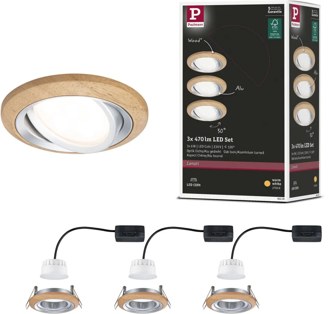 Paulmann Lanati LED-inbouwlamp Set 3x6W 470lm 2700K