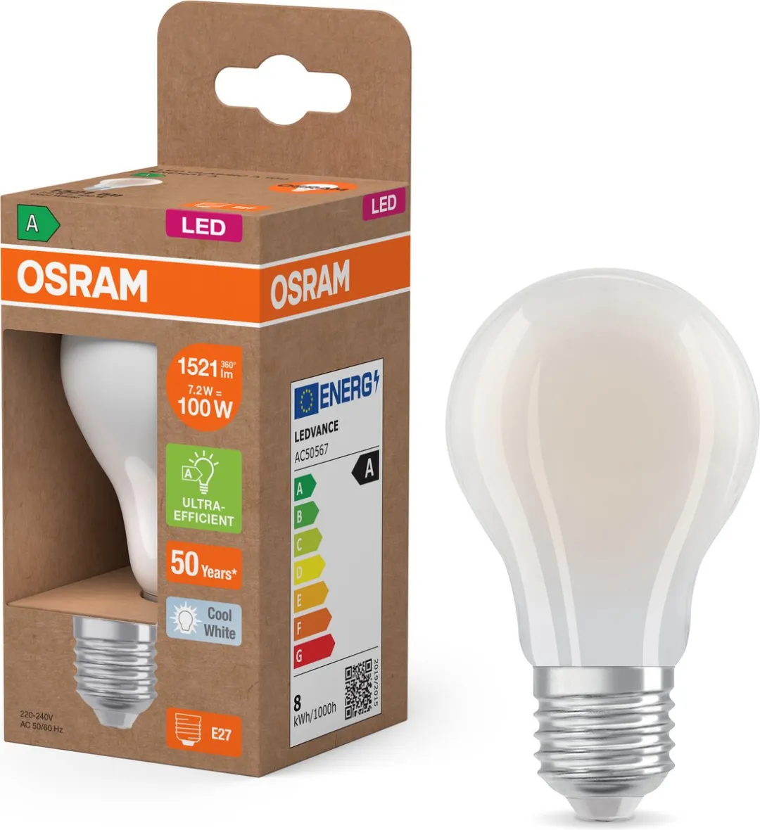 Osram Classic LED E27 Peer Filament Mat 7.2W - 1521lm Koel wit