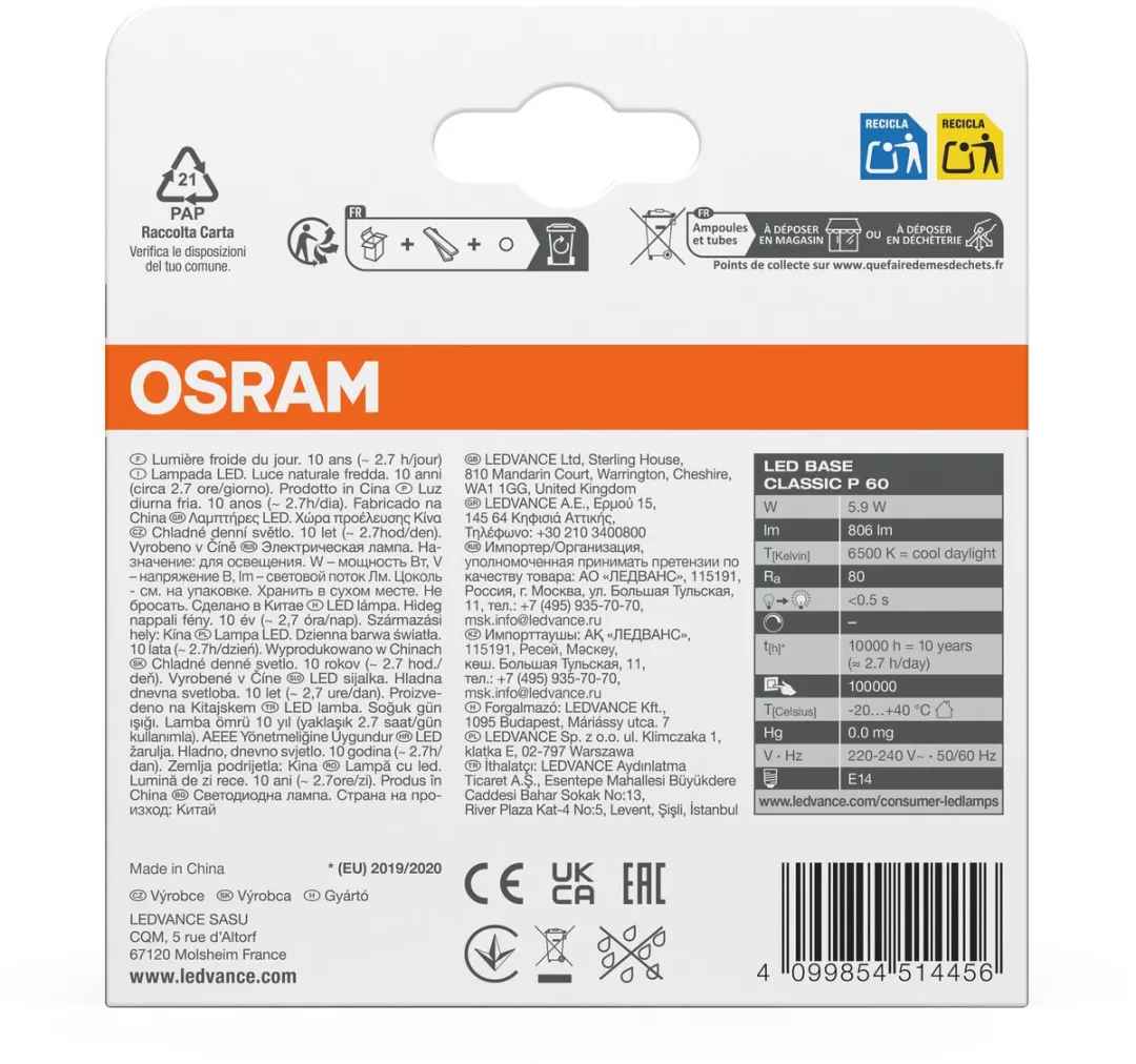 Osram LED Mini Bol E14 5.9W 6500K - 3 Stuks