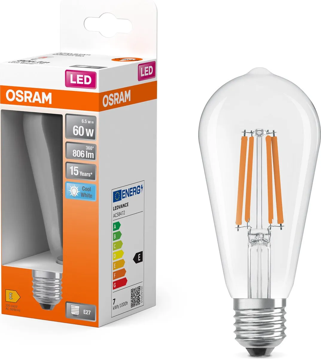 Osram LED Star Globe E27 6,5W 806lm Koelwit - Helder Glas