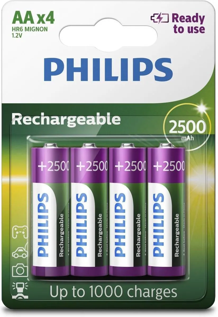 Philips AA Oplaadbare Batterijen 2500mAh - 4 Stuks