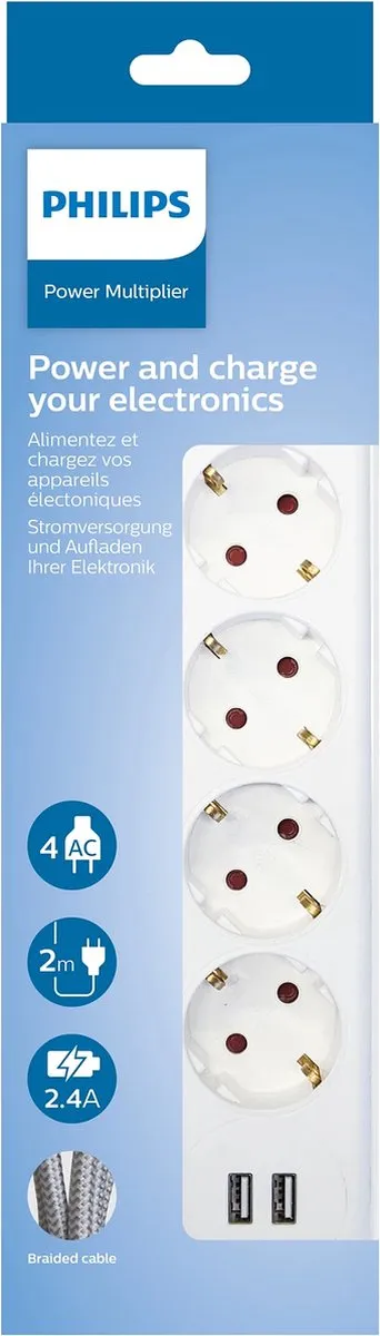 PHILIPS SPN3042WA/19-230V stekkerdoos 4-voudig wit met USB