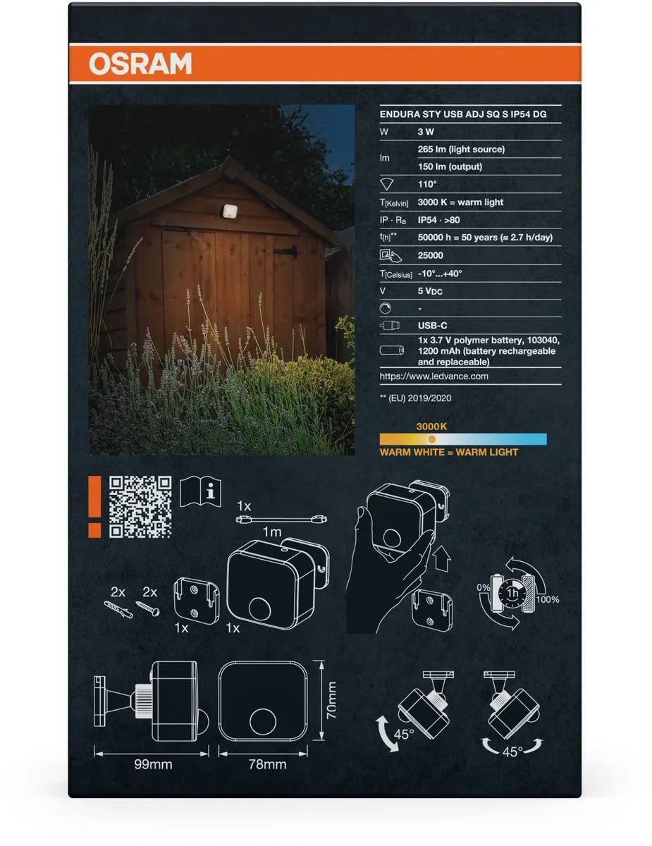 Osram Endura Style USB Sensor IP54 - Warm wit 3000K - Donkergrijs - afbeelding 5 van 6
