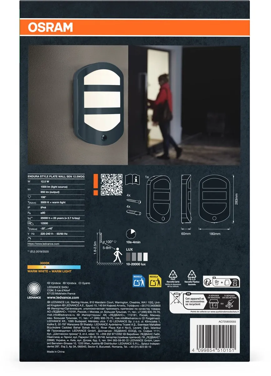 Osram Endura Style Plate Wand Sensor 12.5W - Donkergrijs