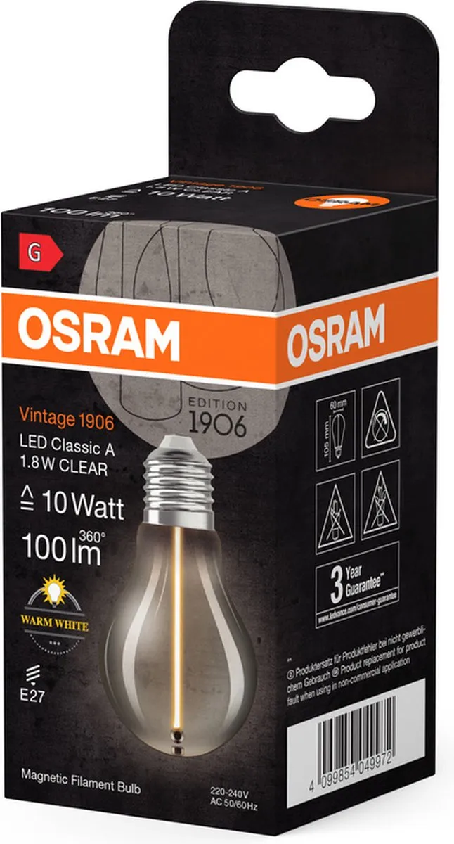 Osram Vintage 1906 Classic A LED - 1,8W 100lm Warm wit - Helder glas