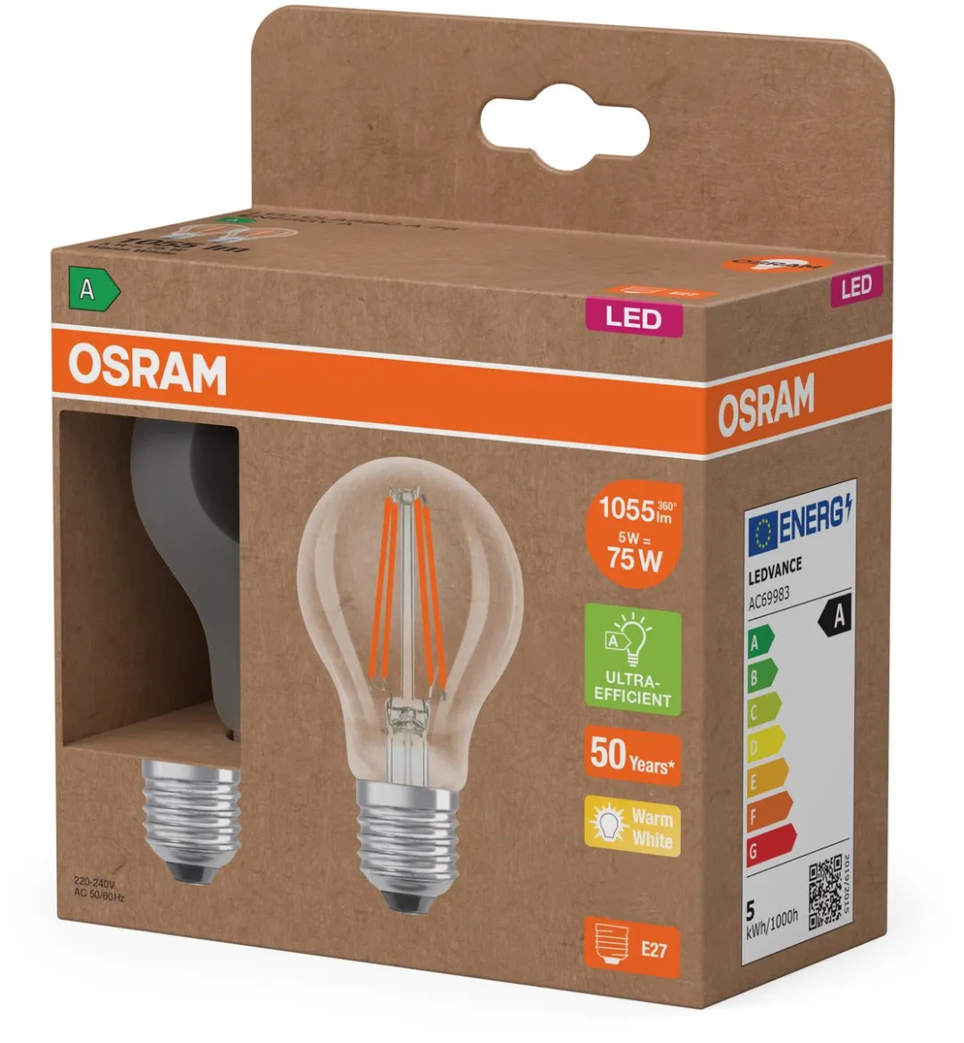 Osram LED Superstar Classic A75 E27 5W 1055lm Warm Wit - 2 Stuks - afbeelding 6 van 6