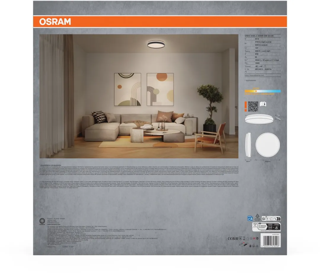 Osram Orbis Gisela LED Plafondlamp 485mm - 36W Warm Wit - Zwart