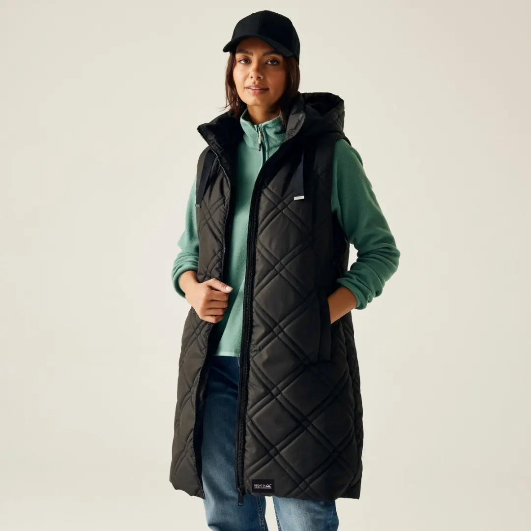 Rurietta lange donzen gilet bodywarmer met capuchon voor dames