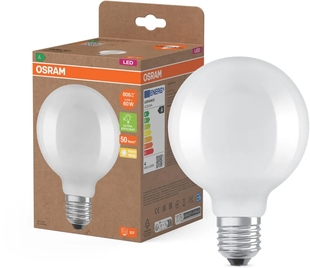 Osram LED Superstar Classic Globe G95 3,8W 806lm E27 Warm Wit