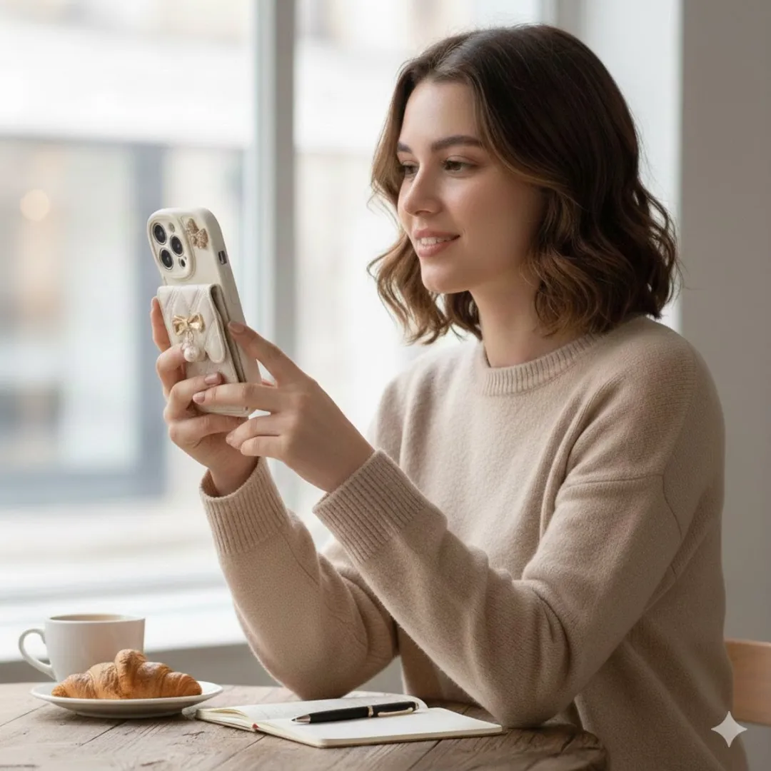 NUVEX iPhone 17 Pro Hoesje - Crèmekleurig met quilt & parel - 2 Pasjes
