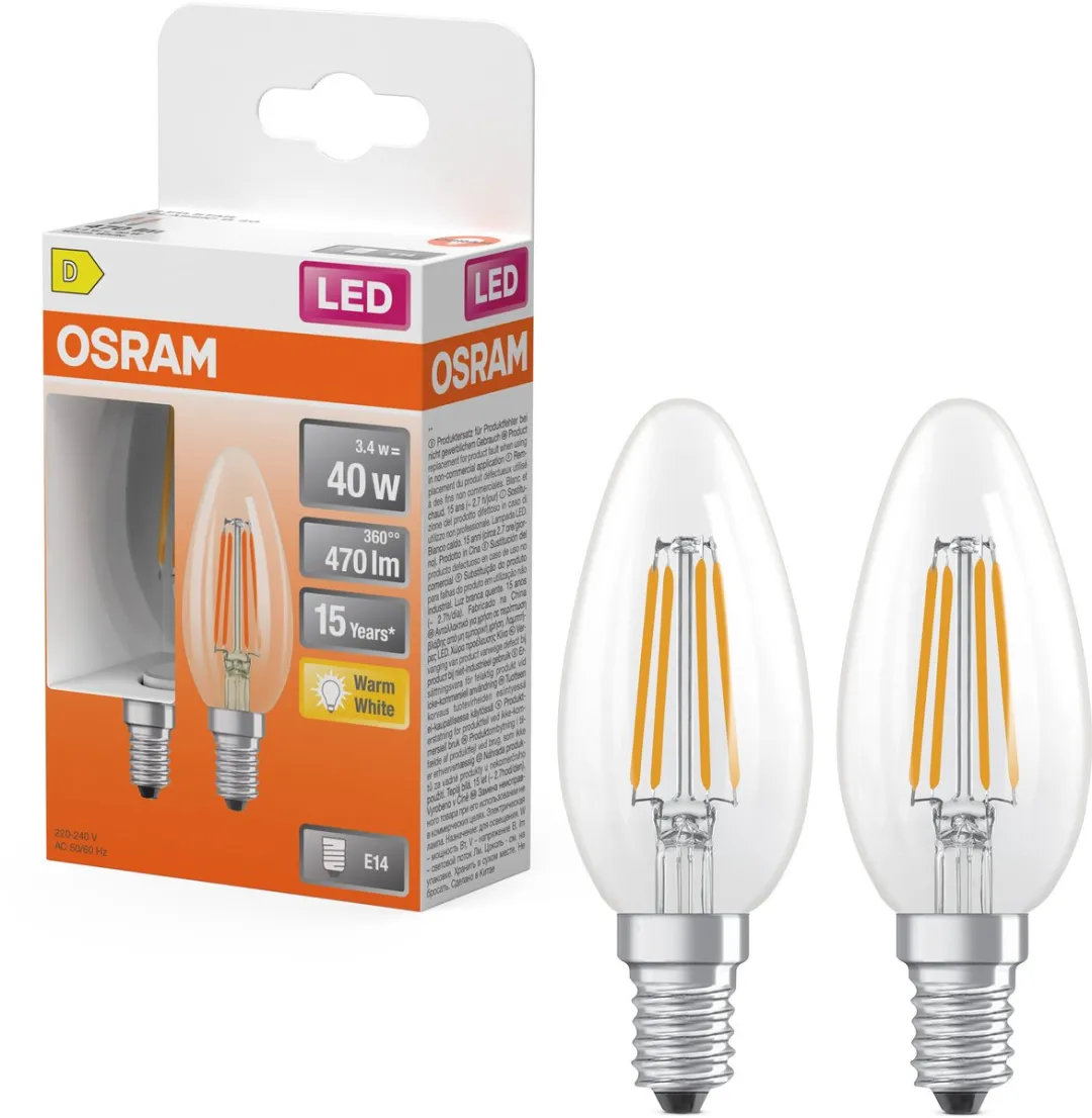 Osram LED Kaarslamp B40 Filament 3,4W E14 - 470lm Warm Wit - 2 Stuks - afbeelding 3 van 5
