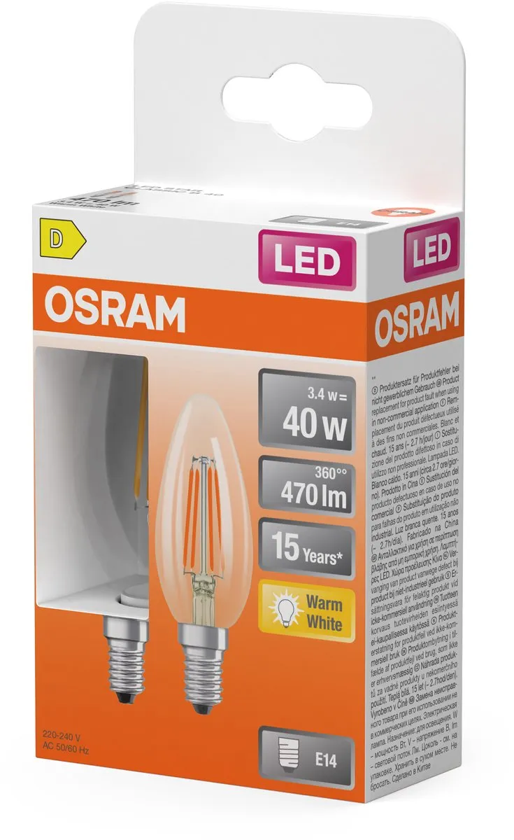 Osram LED Kaarslamp B40 Filament 3,4W E14 - 470lm Warm Wit - 2 Stuks - afbeelding 4 van 5