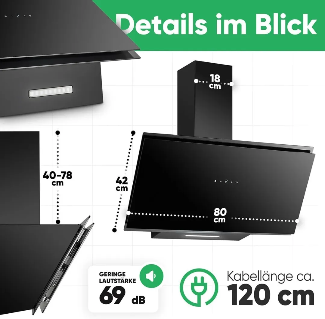 Bomann DU 7612 G Afzuigkap 80cm - 520 m³/u - A+ - Zwart glas