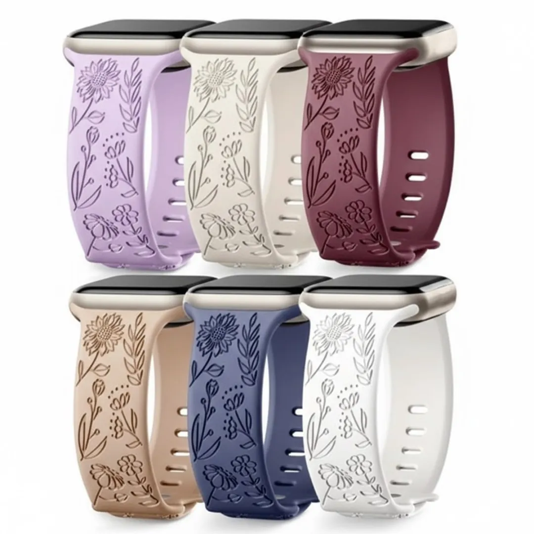 NUVEX Apple Watch Bandjes Set 6 Stuks - 38-42mm - Siliconen - Bloemen Gravure