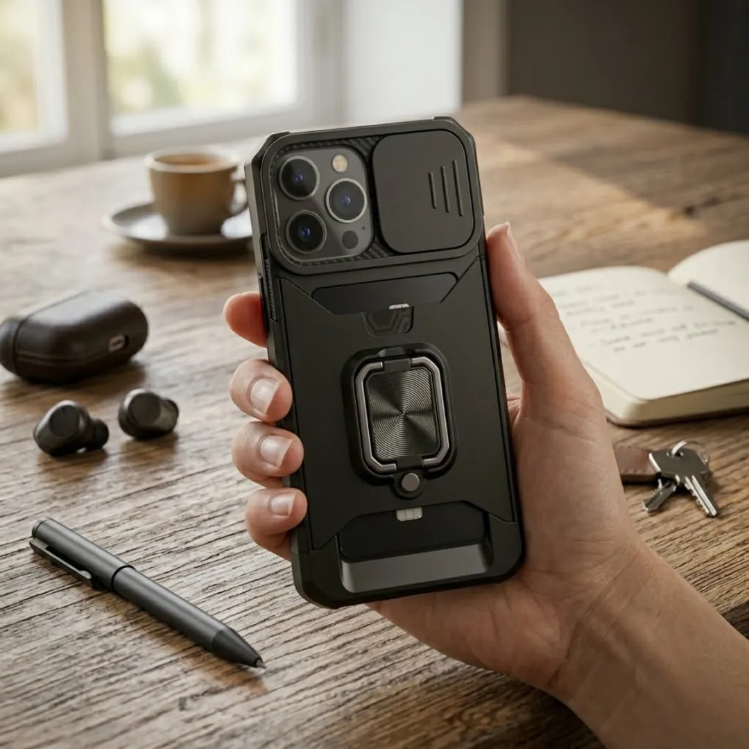 NUVEX iPhone 14 Pro Max Hoesje - Zwart - Schokbestendig met metalen standaard