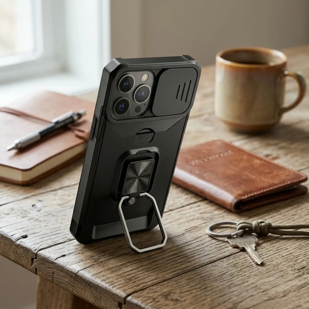 NUVEX iPhone 14 Pro Max Hoesje - Zwart - Schokbestendig met metalen standaard