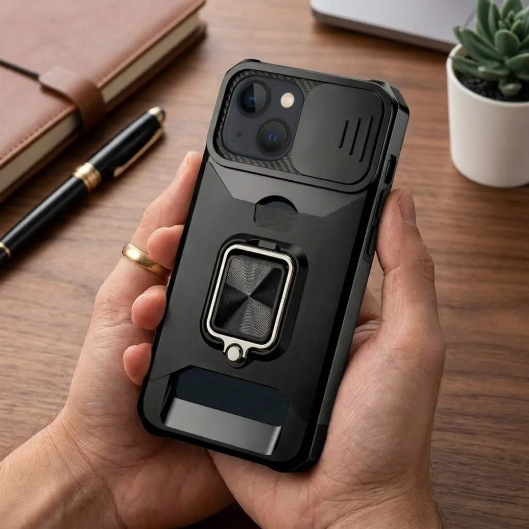 NUVEX iPhone 14/13 Hoesje Zwart - Schokbestendig met metalen standaard