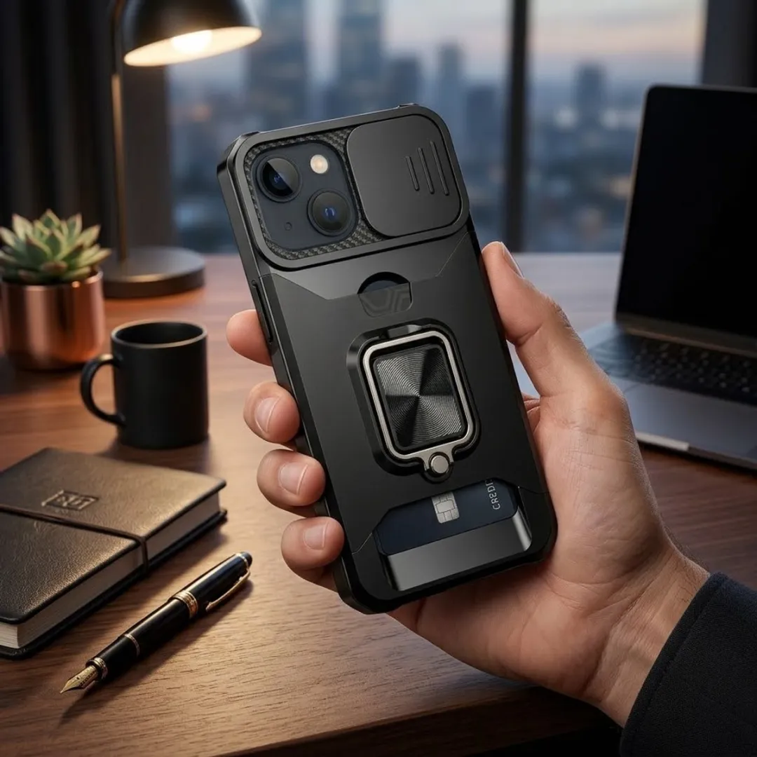 NUVEX iPhone 14/13 Hoesje Zwart - Schokbestendig met metalen standaard