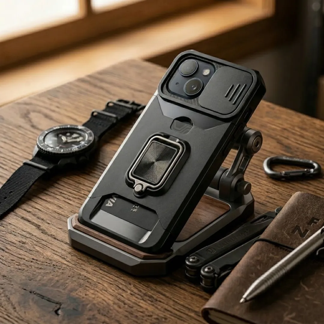 NUVEX iPhone 14/13 Hoesje Zwart - Schokbestendig met metalen standaard