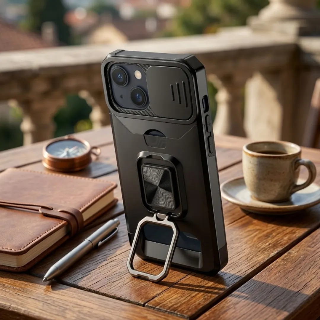 NUVEX iPhone 14/13 Hoesje Zwart - Schokbestendig met metalen standaard
