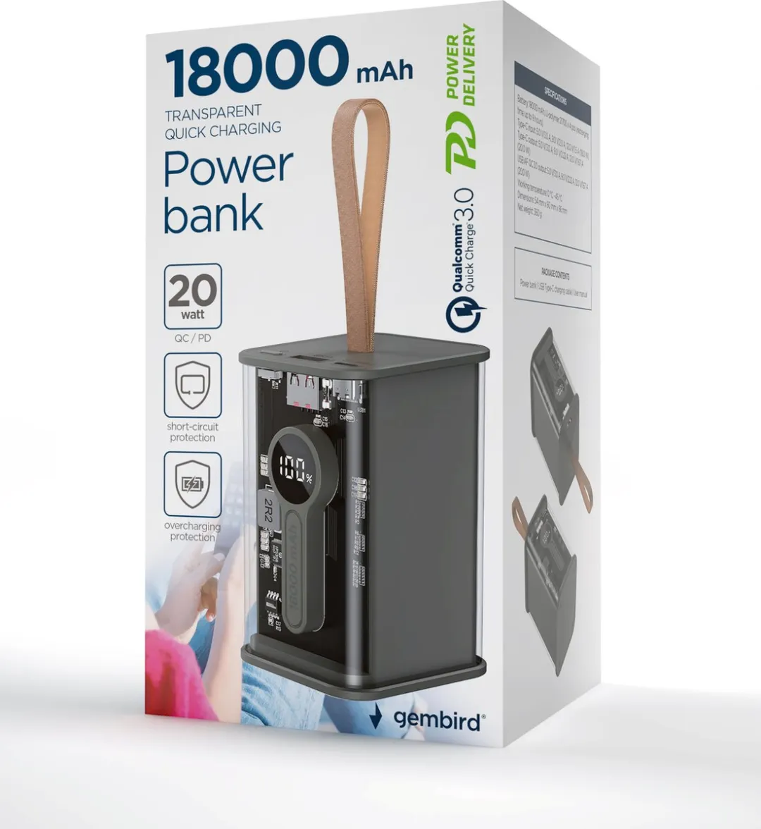 Gembird QC3.0 PB18-TQC3-01 Powerbank 18000mAh - 20W - Zwart - afbeelding 5 van 6