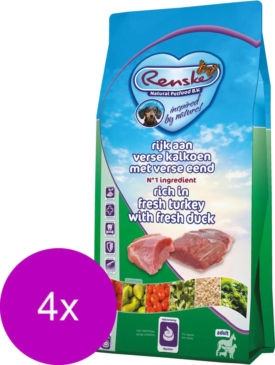 Renske Adult Kalkoen&Eend - Hondenvoer - 4 x 2 kg